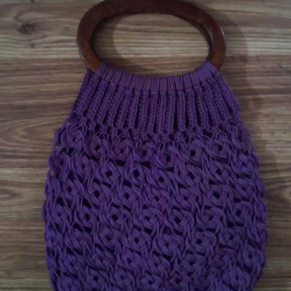 Vintage Purple Purse with Wood Handle Fully Lined 16" Long x 11" Across
